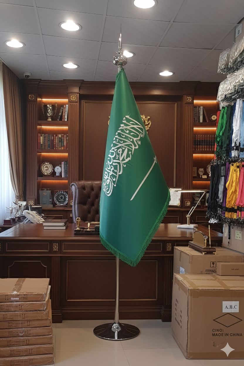 علم مكتب مقوى   مطرز فضي مع هدب